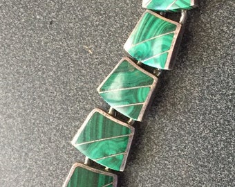 Sterling Silver Malachite Bracelet 8" Long Marked: TJ-80 Mexico