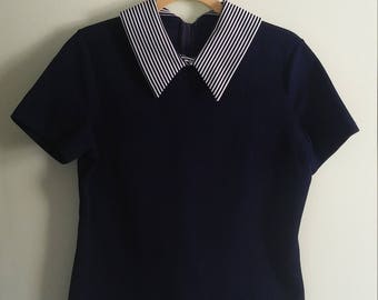 70s vintage navy blue and white striped collared shirt