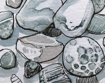 Beach Rocks artwork, original art ink sketch, Pen and Ink sketch, rocks illustration, Lake Michigan ink sketch, Beach ink sketch