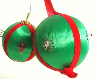 Vintage Beaded Green Satin Sputnik Christmas Ornaments, Set of 2