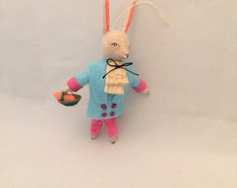 Spun Cotton Dandy Bunny Rabbit with basket feather tree ornament by Maria Paula