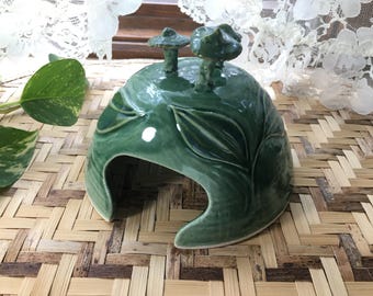Unique Carved Porcelain Toad House in Forest Green