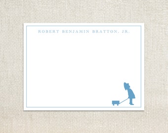 Little boy pulling a wagon silhouette flat note cards stationery