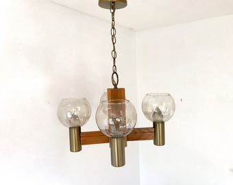 Mid Century Atomic Chandelier - Wood and Brass Glass Globe Chandelier - Ceiling Light - Pendant