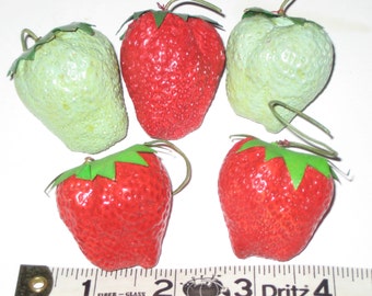 5 Vintage Strawberries for Crafting Red and Green