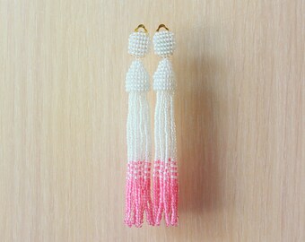 Beaded Tassel Clip-On Earrings Ombre White Pink