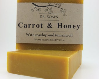 Carrot and Honey Soap - soothing, nourishing ingredients, loaded with carrots, cold process, facial soap, artisan soap, rosehip and tamanu