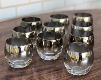 Set of 10 silver ombré roly poly glasses - vintage glass barware - Vitreon Queen's Lustreware - Mercury Fade - 1960s barware