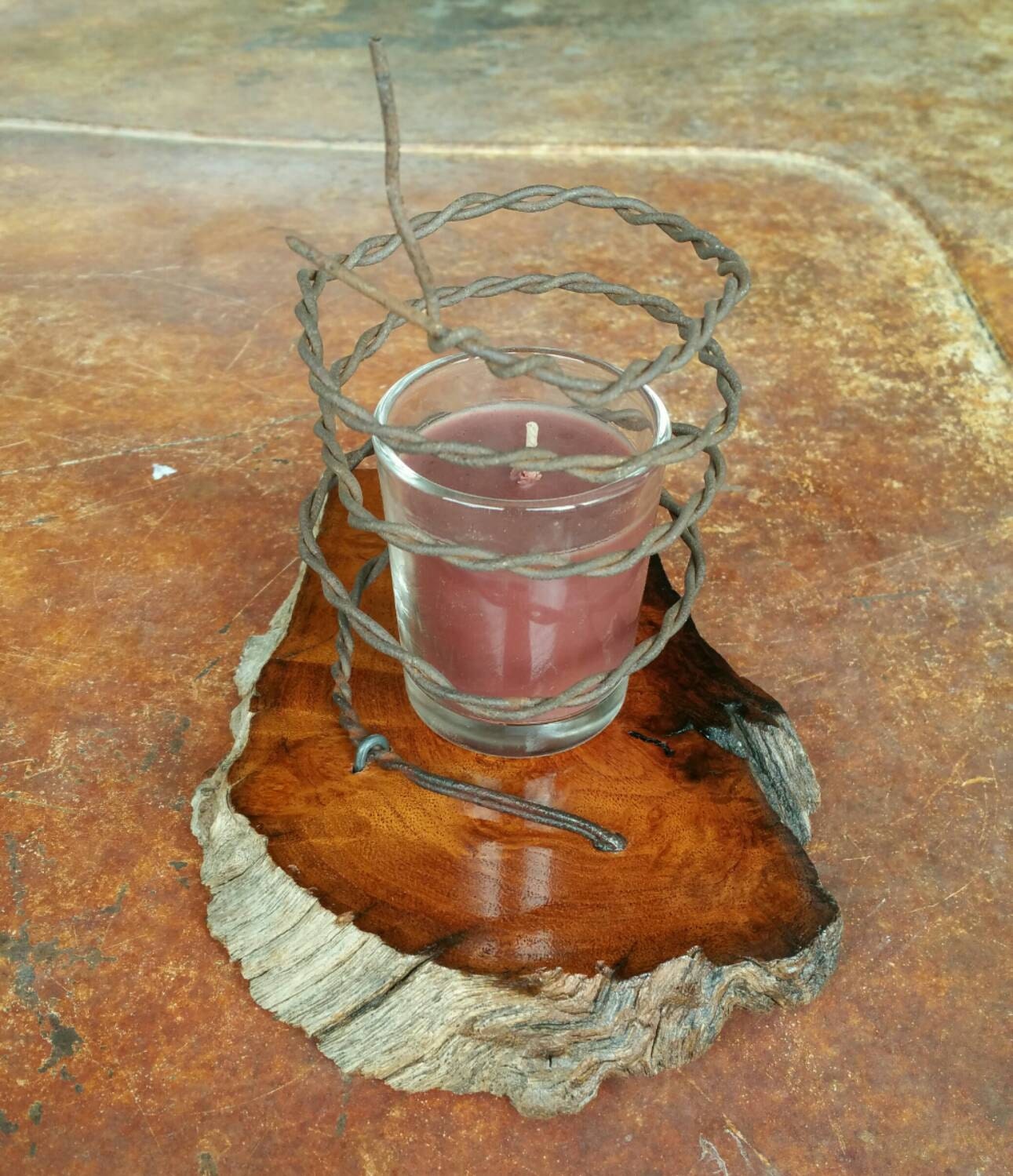 rustic Texas honey mesquite and rusted wire candle holder