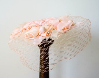 Vintage Pink Birdcage Veil Hat With Flower, Vintage Hat, Vintage Veil, Netting Hat with Veil, 1950s Millinery, Vintage Net, Fascinator Hat