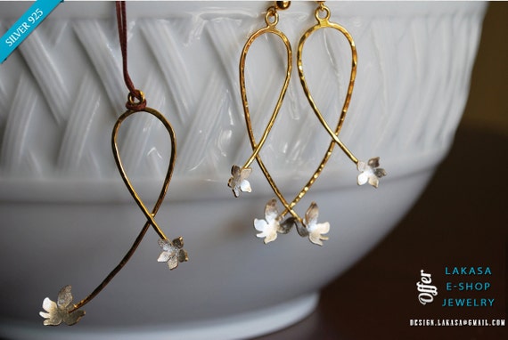 SALE gift idea mother anniversary valentine day set jewelry butterfly flower earrings necklace sterling silver gold plated BEST PRICE offer