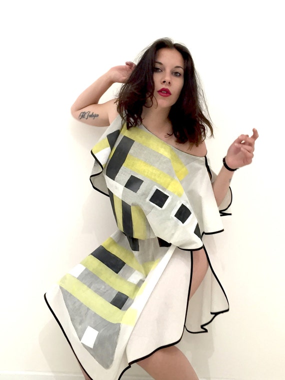 Hand Painted Tunic LOLA DARLING Dress Black Yellow Square Peplos Light Cotton Art Work by A. LUGLI Artist Unique Piece Signed and Certified