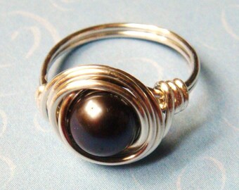 Black Pearl Ring Black Freshwater Pearl Ring Sterling Silver Ring Pearl Jewelry