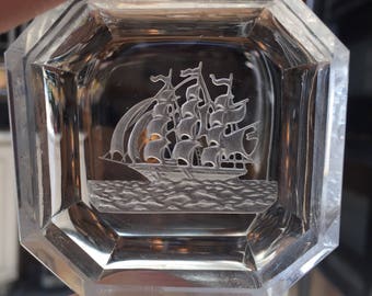 Small Glass Etched Ship Frosted Catch All Dish