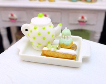 Tea Tray Set with French Pastries - Pistachio - 12th Scale Miniature Food