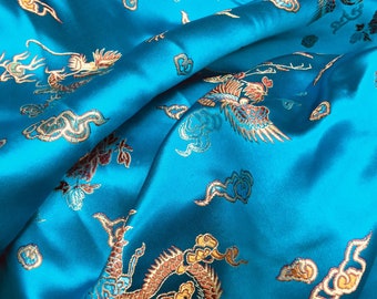 Hope TURQUOISE Dragon Brocade Chinese Satin Fabric by the Yard - 10040