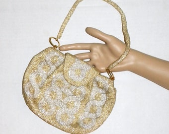Vintage 1950s 60s WALBORG Gold & Silver Art Deco Pattern Beaded Purse EVENING BAG Japan / 8" x 6"