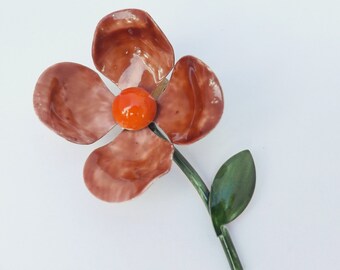 Vintage mod enamel flower pin or brooch brown and orange on green stem with leaf gold tone