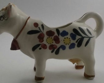 Vintage Creamer, China Cow Shaped Creamer, White China with Blue, Maroon, Yellow and Green Flowers
