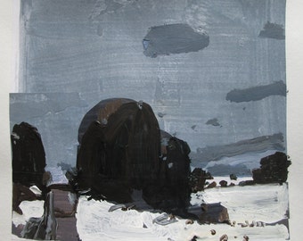 Cedar Pass, Original Winter Landscape Collage Painting on Paper, Stooshinoff