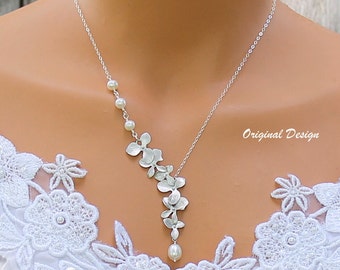 Romantic Blue Crystal Necklace: Triple Orchid Flower Bermuda