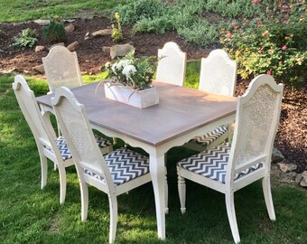 French Provincial Dining Set Solid Wood Table and 6 Antique Cane Back Chairs Covered Reclaimed Dining Vintage Dining Set Antique Chairs