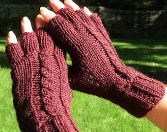 Half Finger Gloves Ladies' Hand Knit Maroon Half Finger Cabled Merino Wool & Silk Half Finger Gloves Hand Warmers Dark Burgundy Knit Gloves