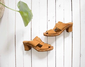 Vintage Leather Mules 5.5 / Platform Mules / High Heel Mules / Strappy Sandals / Italian Leather Mules