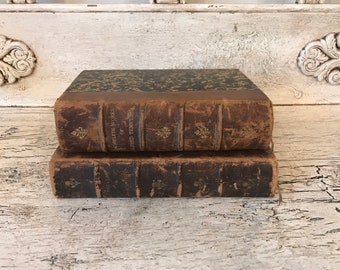 Small Antique Brown Leather Book Stack - Rustic Home Decor - Beautiful Marbled Covers