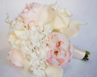 Ivory and Blush Wedding Bouquet - Peony Hydrangea Rose and Calla Lily Bridal Bouquet