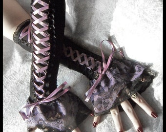 Demure Dolly Corset Laced Up Arm Warmers | Black | Silver Lavender Purple | Lace | Gothic Lolita Noir Wedding Belly Dance Dark Tribal Goth