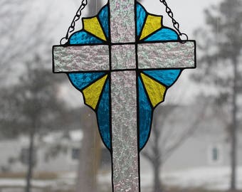Stained Glass Cross - 10 in. tall - Cross with Outside Design