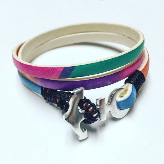 Rainbow leather with Anchor Sterling silver bracelet