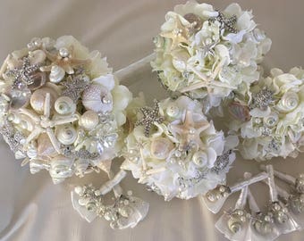 Crystal Seas Bridal Bouquet Set, Beach Wedding Bouquet Set, Shell Bridal Bouquet Set