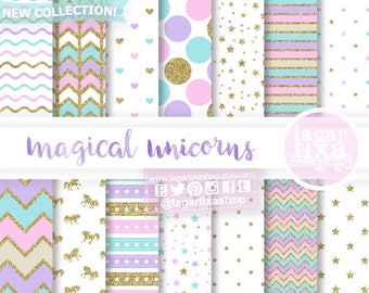 Pastel Digital Paper, Unicorn Patterns, silhouette, mint, purple, pink, gold glitter, stripes, chevron, dots, stars, to design cards, invite