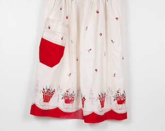 Vintage Red with White Half Apron with Roses, Valentine's Day