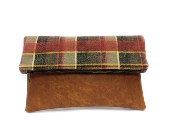 Red Plaid Foldover Clutch Bag, Large Zipper Pouch, Red Fold Over Purse, Large Clutch Bag, Fold Over Zip Clutch, Modern Clutch Purse