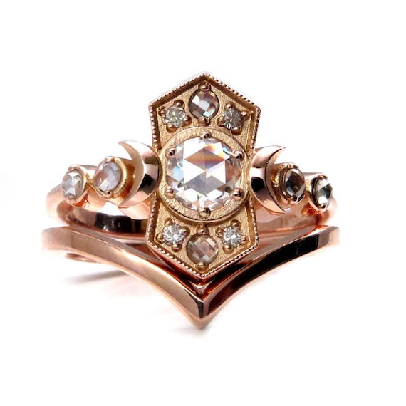 Old Soul Moissanite Moon Engagement Ring Set - Celestial Rose Gold Fine Jewelry