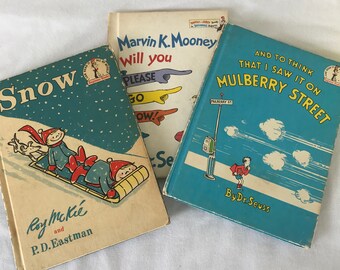 Vintage Dr. Suess Books Marvin K Mooney will you Please Go Now and To Think That I saw it on Mulberry Street and Snow
