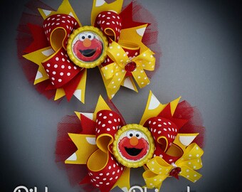 ELMO Pig Tail Hair Bow Set, Sesame Street Elmo Hair Bow Set, Elmo Birthday Bows, Elmo Party Bows, Elmo Bows, Elmo Bow set, Elmo Hair Bows