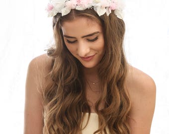 Vintage Pink and White Flower Crown Wedding Floral Halo with Pearls and Glass Crystals Circlet Satin Leaves and Flowers Bridal Wreath