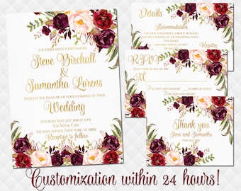 Floral Wedding Invitation set Printable Boho Invite Suite Marsala red burgundy roses bouquet peonies RSVP details inserts Thank you cards