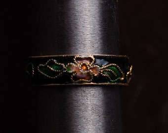 Cloisonne Ring, Vintage Ring, Black Enamel Band, Ring With Flowers