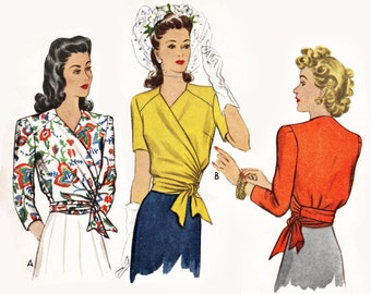 1940s 40s pattern misses women's wrap blouse vintage sewing pattern reproduction // side tie short long sleeves // Bust 32 34 36 38