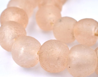 40 Rose Recycled Glass Beads: Frosted Cultured Sea Round Pink Ghanaian Rustic Ethnic Handmade Strung Raffia Ghana Boho (RCY-RND-PNK-1027)