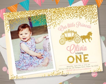 First Birthday Princess Invitation with PHOTO Pink Gold Glitter Princess Birthday Invitation Princess Party Invite Little Princess Carriage