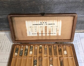 Vintage Wooden WATCH VIAL Box- Crown Assortment No. 12 - Watch Repair Clock Parts- Corked Vials- Glass Vials- G34