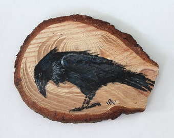 Raven No. 2 - Original Acrylic Art, Painted on Wood Slice