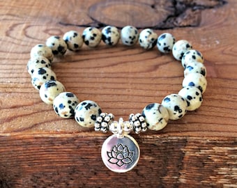 A+ Dalmatian Jasper Bracelet, Yoga Wrist Mala Beads, Solar Plexus Chakra Jewelry, Healing Crystals, Happiness + Positivity + Good Luck