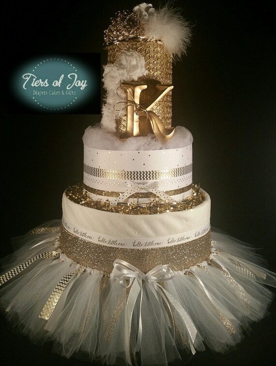 4 Tier White & Gold Princess DIAPER CAKE w/ tiara tutu